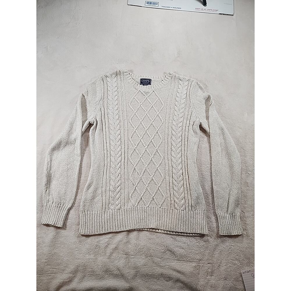 Women's Chaps Classic Cable Knit‎ Crew Neck Sweater White/Gold Metallic Size Med